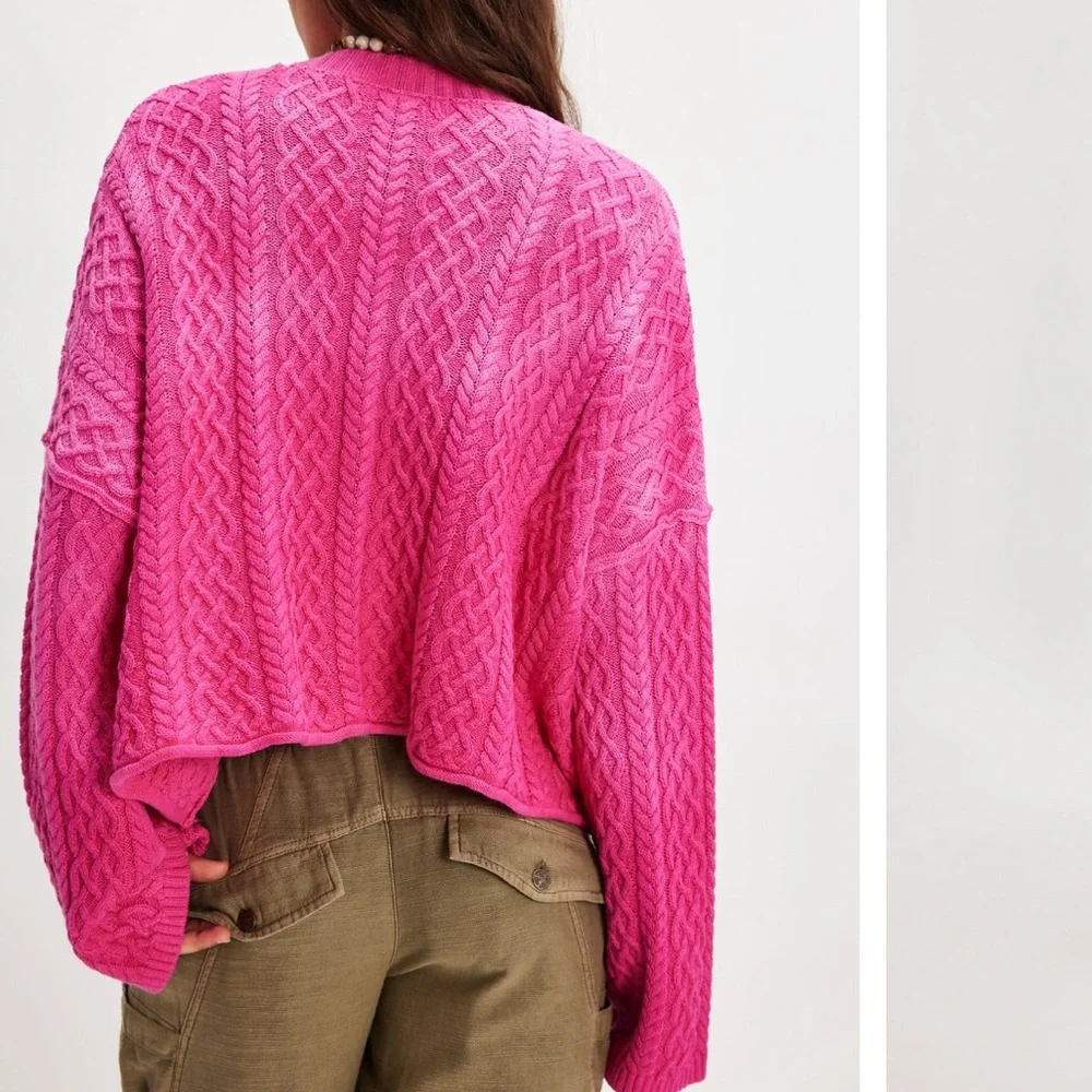 NWOT Free People Washed Ashore Cardi, Hot Pink Combo, XS